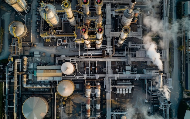 Eine Luftansicht einer Industrieanlage, die ein komplexes Labyrinth aus verrosteten Tanks, Rohren und Maschinen in Blau- und Orange-Schattierungen aufzeigt