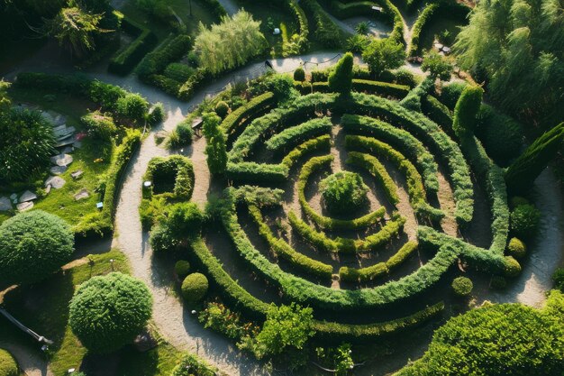 Eine Luftansicht eines Labyrinth-Gartens, die von KI generiert wurde