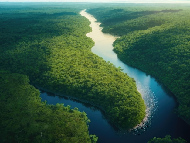 Eine Luftaufnahme des Flusses im Wald