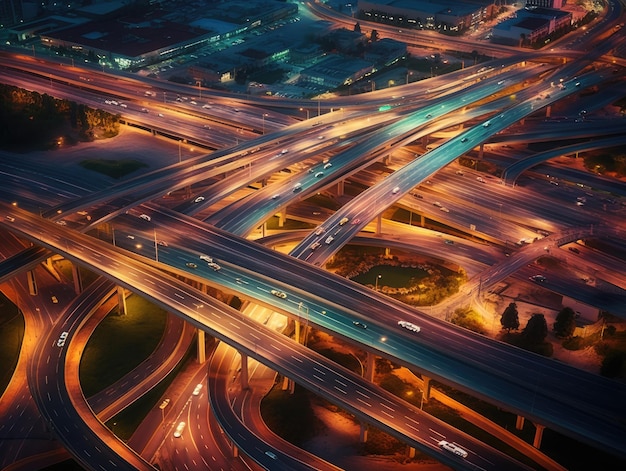 Eine Luftaufnahme einer Autobahn mit einer großen Autobahn und einem Stadtbild.