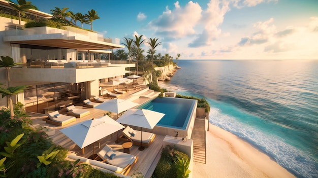 Eine Luftaufnahme einer luxuriösen Terrasse mit Blick auf das Meer mit einem ruhigen und einladenden Ambiente