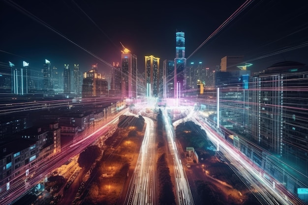 Eine Luftaufnahme einer Stadt bei Nacht generative KI
