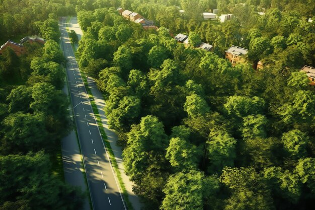 Eine Luftaufnahme einer Straße mit Bäumen und einer Straße mit einer Straße mit vielen Bäumen.