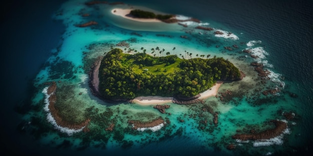 Eine Luftaufnahme einer tropischen Insel mit Bäumen darauf.