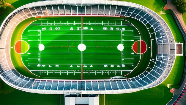 Eine Luftaufnahme eines Fußballstadions mit einem grünen Feld und der Nummer 8 auf dem Spielfeld.