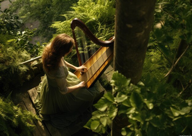 Foto eine luftaufnahme eines harfisten, der sein instrument im freien spielt, umgeben von üppigem grün.