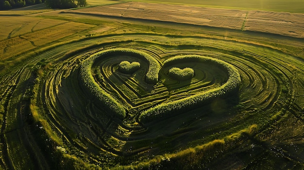 Eine Luftaufnahme eines herzförmigen Feldes mitten in einer üppig grünen Landschaft