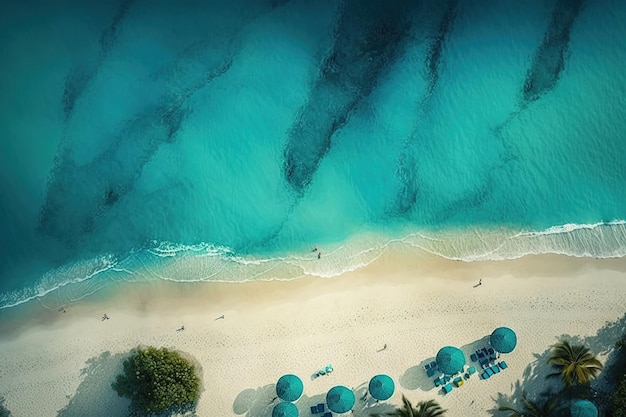 Eine Luftaufnahme eines Strandes mit Sonnenschirmen und Palmen