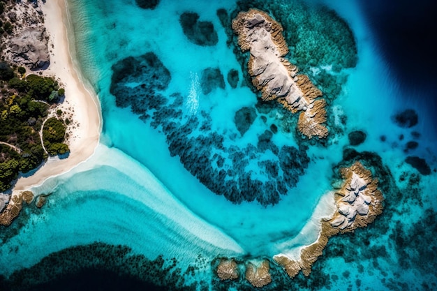 Eine Luftaufnahme eines Strandes mit türkisfarbenem Wasser und einem weißen Sandstrand.