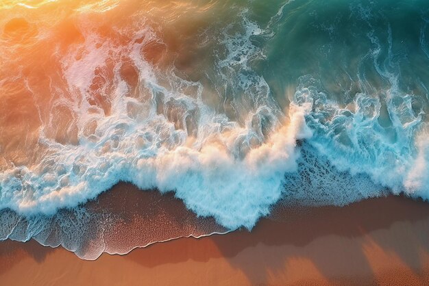 Eine Luftaufnahme eines Strandes mit Wellen, die auf den von Ai erzeugten Sand schlagen