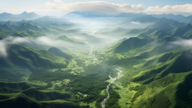 Eine Luftaufnahme eines Tals, durch das ein Fluss fließt