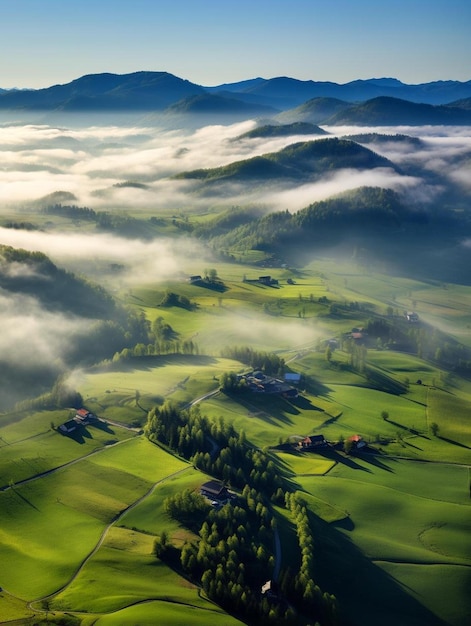 Foto eine luftaufnahme eines tals mit nebel