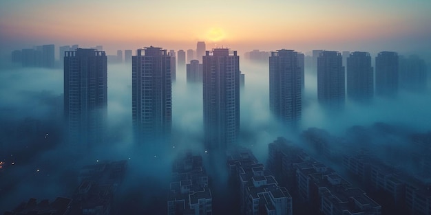 Eine Luftaufnahme von Wolkenkratzern im Nebel Schöne Nebel-Skyline Ruhige Atmosphäre Geschäftliche Tapeten