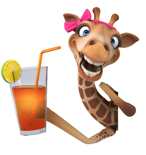 Eine lustige 3D-Cartoon-Giraffe mit einem Cocktail