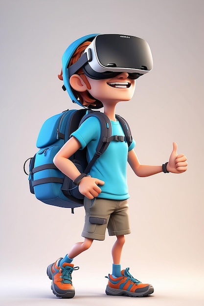 Eine lustige 3D-Illustration eines Backpackers mit einem VR-Helm