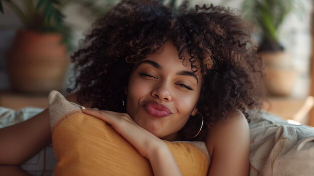 Foto eine lustige afroamerikanische frau posiert auf einem sofa und macht mit ihren lockigen haaren und freunden ein albernes gesicht