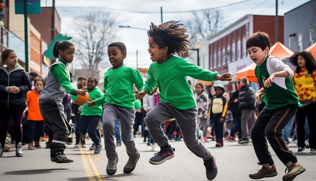 Eine lustige dynamische Aufnahme von Kindern, die auf einer St. Patrick's Day-Messe Spiele spielen