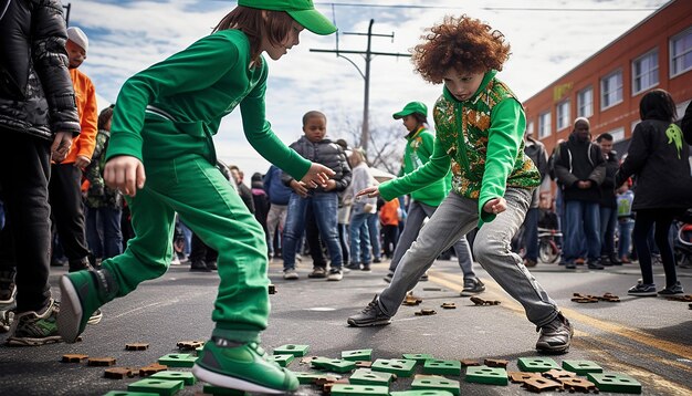 Eine lustige dynamische Aufnahme von Kindern, die auf einer St. Patrick's Day-Messe Spiele spielen