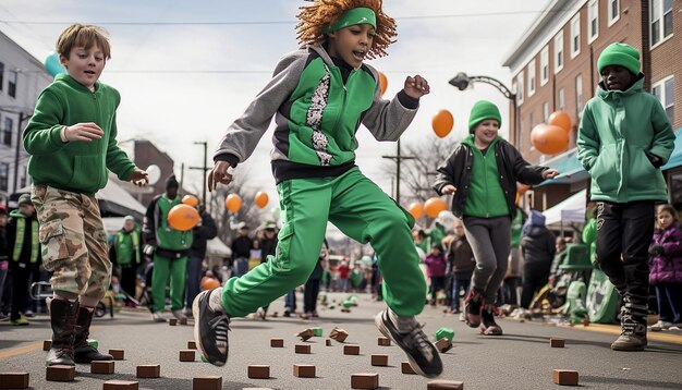 Eine lustige dynamische Aufnahme von Kindern, die auf einer St. Patrick's Day-Messe Spiele spielen