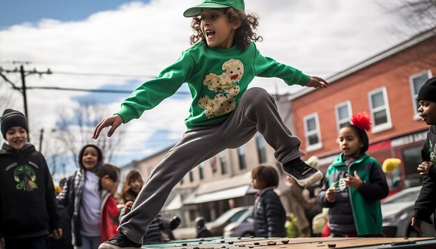 Eine lustige dynamische Aufnahme von Kindern, die auf einer St. Patrick's Day-Messe Spiele spielen