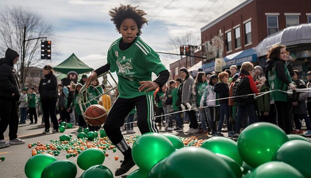 Eine lustige dynamische Aufnahme von Kindern, die auf einer St. Patrick's Day-Messe Spiele spielen