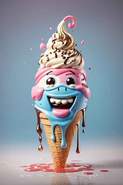 Eine lustige Figur aus einem lächelnden und tropfenden Eiscreme-Kegel