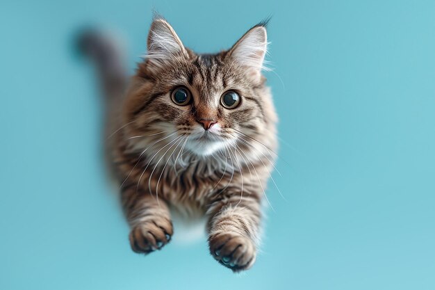 Foto eine lustige katze schwebt in der luft auf einem blauen hintergrund in nahaufnahme