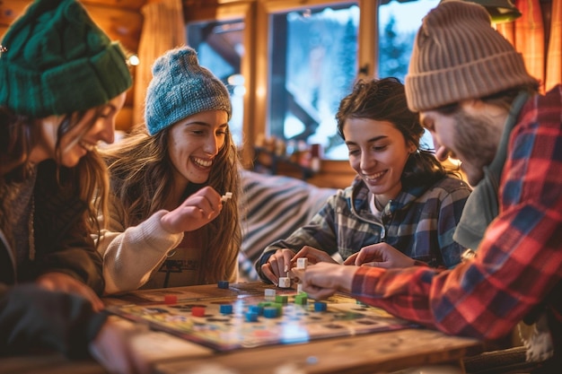 Foto eine lustige und lebhafte gruppe von freunden, die ein generatives brett spielen