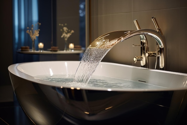 Eine luxuriöse Badewanne mit einem Wasserhahn, der einen reibungslosen und eleganten Wasserfluss ermöglicht