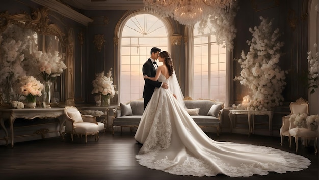 Eine luxuriöse Hochzeitsfeier in einem großen Ballsaal mit eleganten Dekorationen und Blumenarrangements