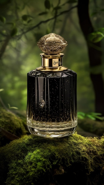Eine luxuriöse Parfümflasche in Gold und Schwarz inmitten eines ruhigen Waldes an einem regnerischen Tag