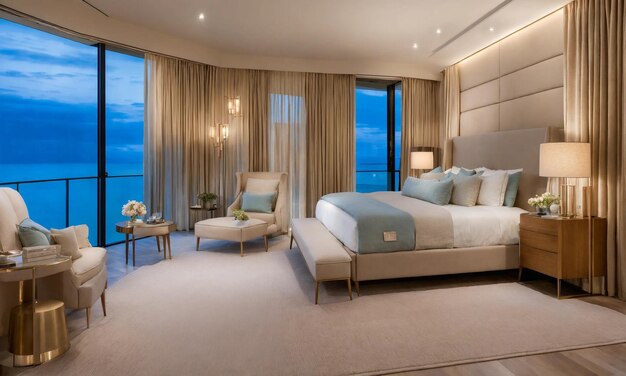 Eine luxuriöse Schlafzimmer-Suite mit Blick auf den weiten Ozean mit luxuriösen Bettwäsche und stilvollen Möbeln