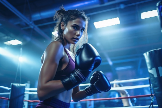 Eine mächtige Frau zeigt ihre Boxfähigkeiten im Ring, zeigt Stärke und Entschlossenheit. Eine junge Frau im Boxring trainiert mit einem Partner und Sparring-Ausrüstung in der Nähe.