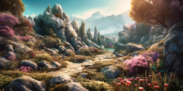 Eine Märchenszene mit Steinen im Hintergrund und Pflanzen