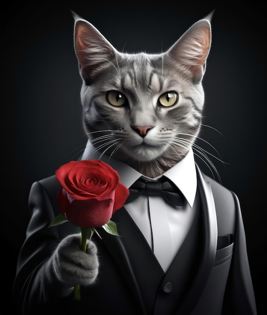 eine Mafia-Katze in einem Anzug, die eine Blume hält