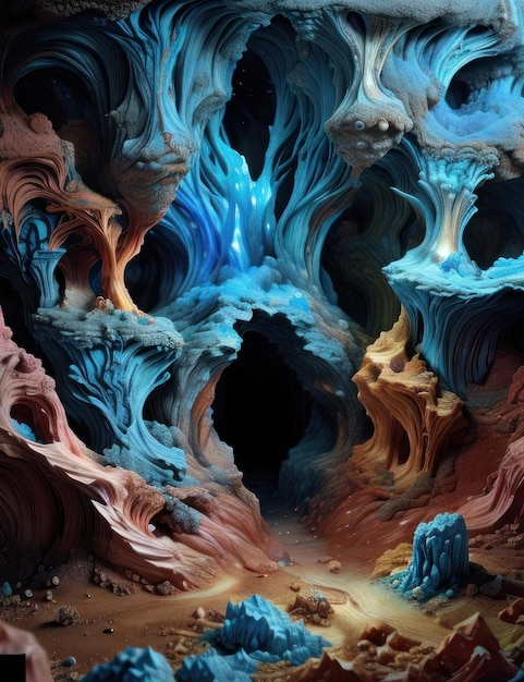Eine magische Höhle voller bunter Kristalle, Stalaktiten und Stalagmiten. Ein magischer Ort mit Mineralien