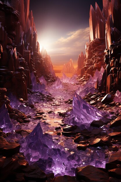 Foto eine magische landschaft aus amethystkristallen