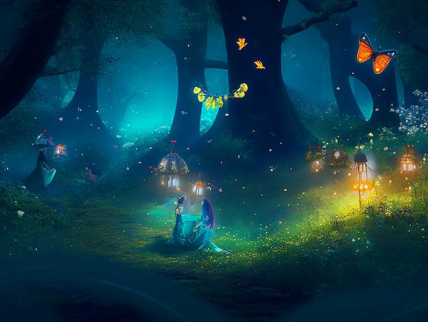 Eine magische Waldlichtung mit leuchtenden Glühwürmchen, skurrilen Kreaturen und einer bezaubernden Atmosphäre