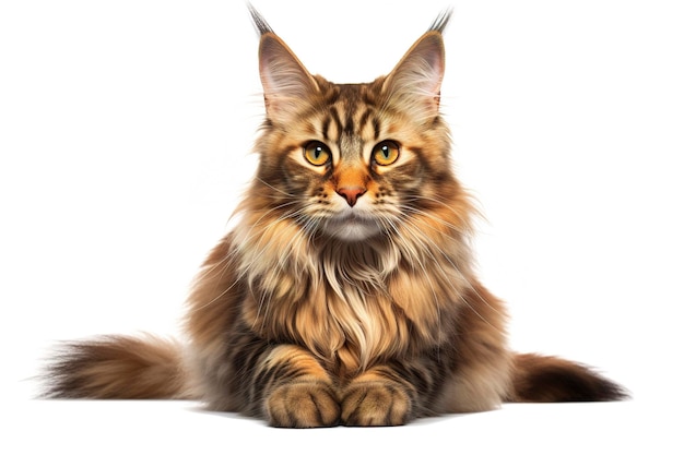 Eine Maine Coon-Katze auf einem weißen, flachen Hintergrund