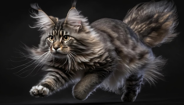 Eine Maine-Coon-Katze mit langem Schwanz und schwarzem Hintergrund