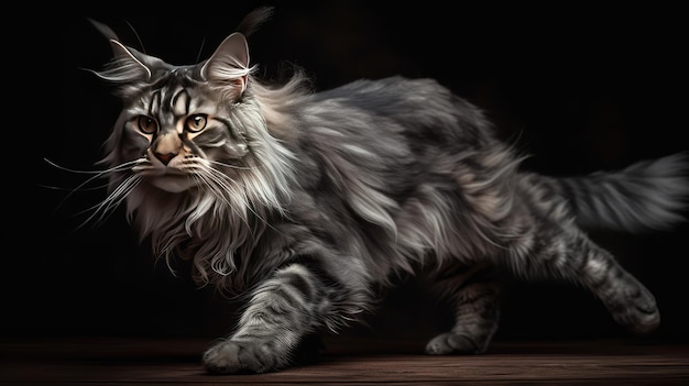 Eine Maine-Coon-Katze mit langen Haaren und einem langhaarigen Gesicht steht auf einem dunklen Hintergrund