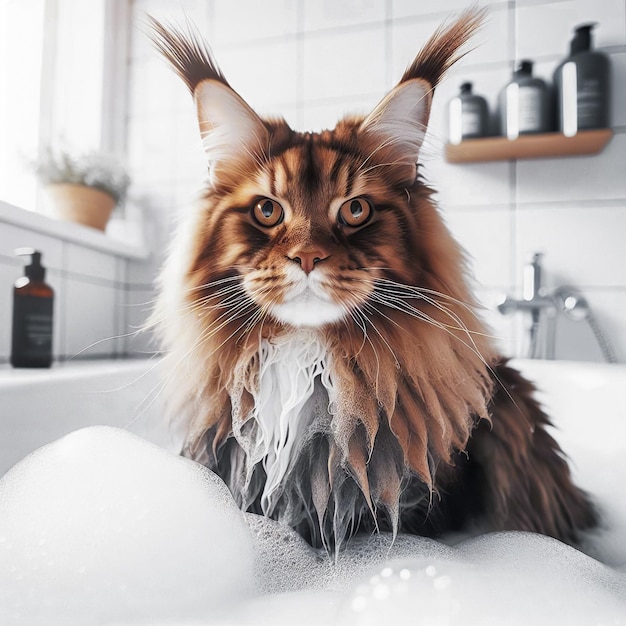 Eine Maine Coon-Katze sitzt ruhig in einer mit Wasser gefüllten Badewanne und zeigt den Pflegeaspekt der Maine Coon.