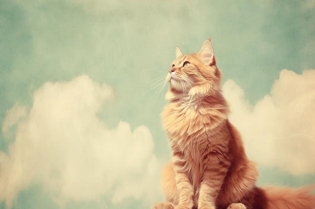 Eine Maine Coon orangefarbene Katze schaut auf den Himmel und Wolken im Hintergrund