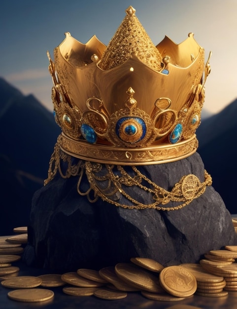 Foto eine majestätische goldene krone, die auf einem berg von münzen angesiedelt ist, mit einem einzigartigen und aufwendigen design