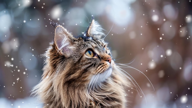 Eine majestätische langhaarige Katze in einem schneebedeckten Winterwunderland blickt mit Intrigen in den Himmel