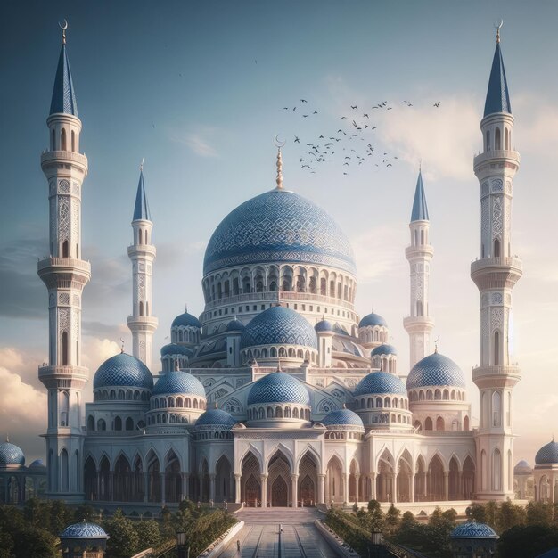 Eine majestätische Moschee mit einer großen blauen Kuppel und zwei hohen Minareten vor einem klaren Himmel