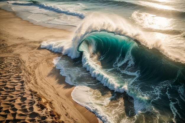 Eine majestätische Ozeanwelle, die von oben nach unten auf den goldenen Sand eines sonnigen Strandes stürzt