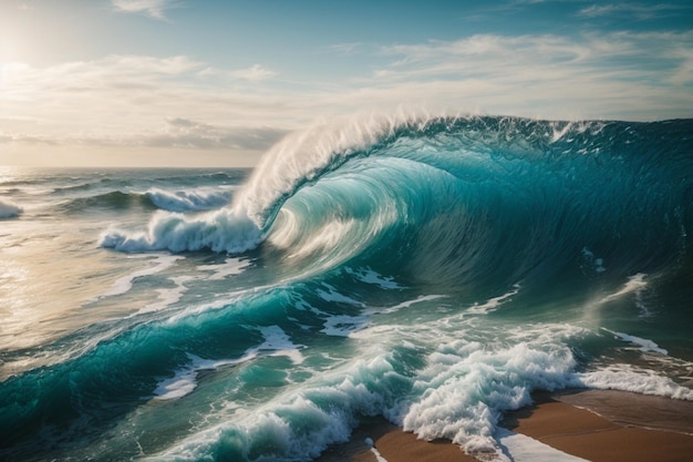 Eine majestätische Ozeanwelle, die von oben nach unten auf den goldenen Sand eines sonnigen Strandes stürzt