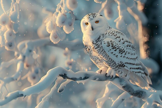 Eine majestätische schneebedeckte Eule sitzt auf einem frostbedeckten Zweig