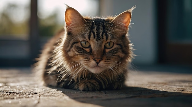 Eine majestätische Tabby-Katze sitzt auf einem Bürgersteig und kühlt sich im Sonnenlicht mit auffallenden Augen und einem ruhigen Gesichtsausdruck